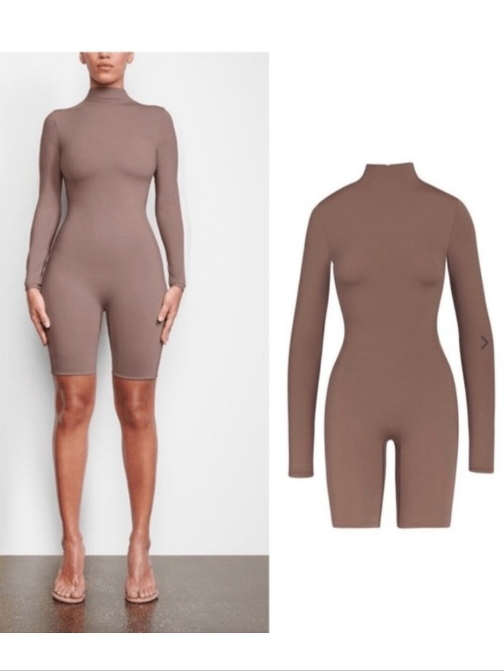 SKIMS Long Sleeve Shaping Bodysuit Romper in Taupe Sz L